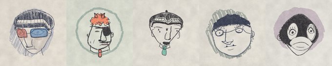 Five simple, child-like pencil sketches of stylized faces with colorful hair and accessories (blue sunglasses, red hair, a headband, a blue headband) arranged in a horizontal row.