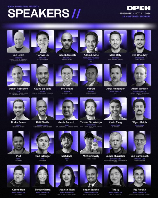 A 'SPEAKERS' lineup poster for the MONAD FOUNDATION's 'OPEN' event in Singapore on Oct 6, 2026, displaying 30 confirmed speakers including Joe Lubin, Tianwei Liu, Haseeb Qureshi, Adam Levine, and Mark Daly.