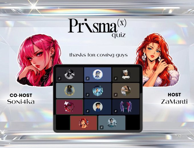 A closing graphic for a 'Prisma(x) quiz' event featuring anime-style illustrations of two characters—a pink-haired co-host named 'Soni4ka' and a red-haired host named 'ZaMarli'—with a grid of participant profile icons below the text 'thanks for coming guys'.