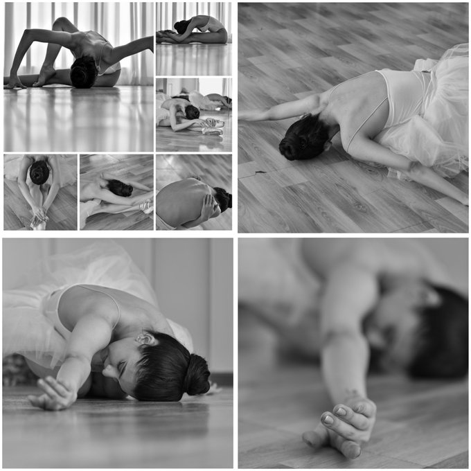 Black and white photo collage of a female ballet dancer in a tutu performing various floor stretches and poses on a wooden surface.