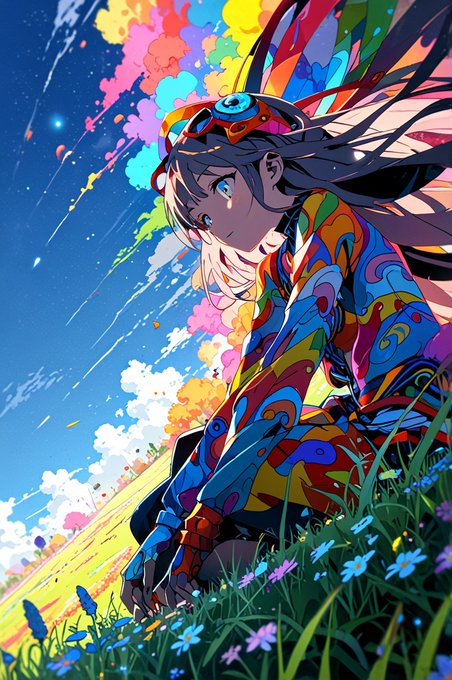 A vibrant anime-style illustration of a girl with long flowing hair and goggles on her head, sitting in a field of blue flowers against a colorful, paint-splattered sky.