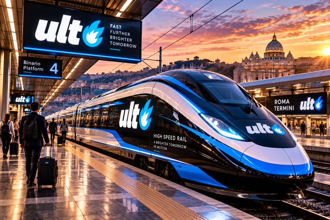 A sleek blue and white high-speed train branded 'ult' is parked at Binario Platform 4 at Roma Termini, with signage reading 'FAST FURTHER BRIGHTER TOMORROW'.