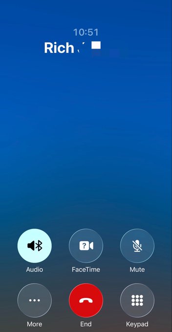 The image shows an iPhone active call screen at 10:51 with "Rich" displayed as the caller, featuring standard call options (Audio, FaceTime, Mute, More, End, and Keypad). The post about Star Wars merchandise doesn't appear to have any clear connection to this phone call screenshot.