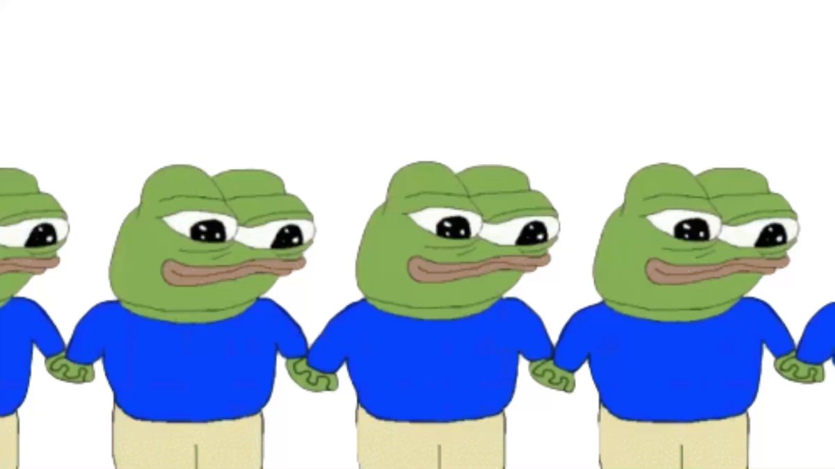 The image features a series of cartoon frog characters arranged side by side, all wearing blue shirts with yellow pants. The frogs are standing upright, creating an impressive line-up that suggests they could be participating in a competition or event. There are no texts or other discernible objects present in the image, and the focus is solely on the arrangement of the frog characters as it relates to the accompanying post.