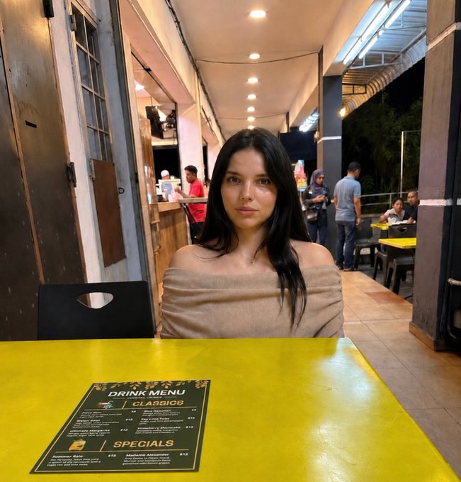 A woman with dark hair sits at a yellow table in a casual open-air restaurant, with a "Drink Menu" featuring "Classics" and "Specials" sections visible in the foreground. The caption's mention of airdropping "$ANSEM" (a Solana memecoin) to a date playfully matches the casual, on-the-spot vibe of the candid photo.