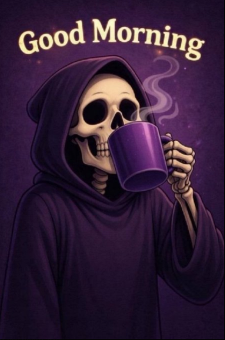 The image features a skeleton wearing a purple robe holding a cup of coffee, with the phrase "Good Morning" written above them. The skeleton appears to be dressed for cold weather or perhaps as part of a costume, given their unique appearance. The background is dark and purple, which complements the color of the skeleton's robe.