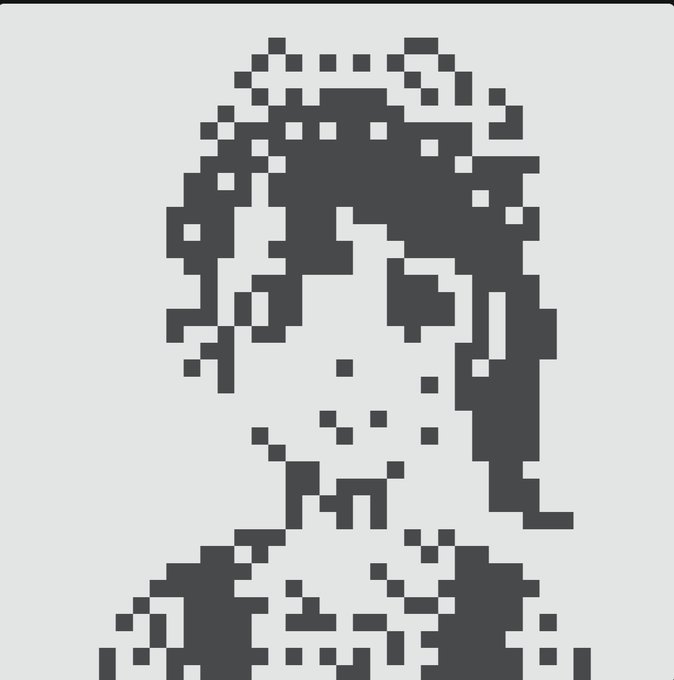 A pixelated, low-resolution grayscale portrait of a person with shoulder-length hair.
