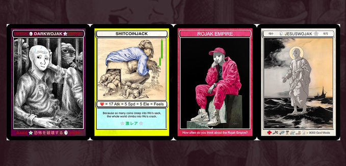 Four stylized trading cards with labels 'DARKWOJAK', 'SHITCOINJACK', 'ROJAK EMPIRE', and 'JESUSWOJAK' are displayed in a row.