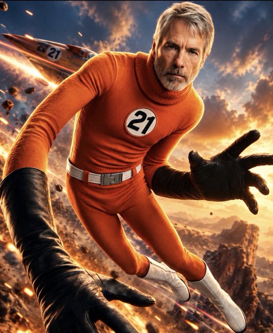 A gray-haired, bearded man in an orange superhero-style jumpsuit with "21" on his chest leaps dynamically through a fiery, debris-strewn landscape, mirroring the post's urgent call to action for $STRC (Strategy, formerly MicroStrategy ticker $MSTR) to deploy its remaining $364.8 million buyback funds within 5 days before September 8th.