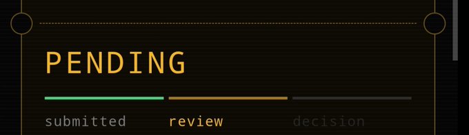 A status graphic displays the word 'PENDING' in yellow above a progress bar indicating the 'review' stage, following 'submitted' and preceding 'decision'.