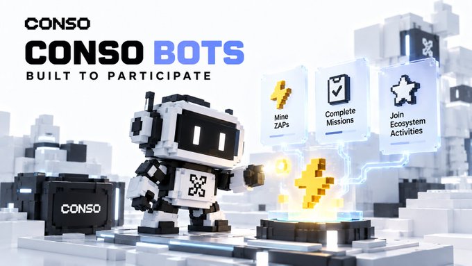 A promotional banner for 'CONSO BOTS' with the tagline 'BUILT TO PARTICIPATE,' featuring a pixel-art robot and options to Mine ZAPs, Complete Missions, and Join Ecosystem Activities.