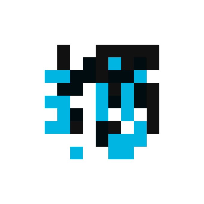 A pixel art graphic composed of black, cyan, and white square blocks forming an abstract shape on a white background.