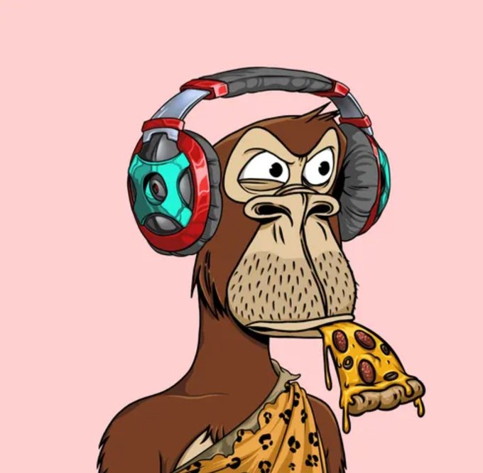 A cartoon illustration of an angry-looking brown monkey or ape wearing large red and teal headphones, eating pizza with a grumpy expression against a pink background.