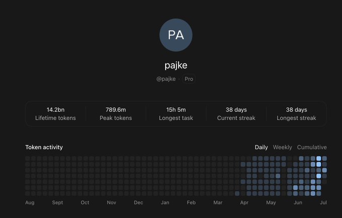 A dark-themed user profile dashboard for "pajke" (@pajke · Pro) showing impressive AI usage statistics including 14.2bn lifetime tokens, 789.6m peak tokens, a 15h 5m longest task, and a 38-day current/longest streak, with a token activity heatmap visualizing usage from August through July. The profile image directly supports the post's claim of reaching 14.2bn lifetime tokens and shows a dramatic surge in activity visible in the rightmost columns of the heatmap, confirming the tripled usage since July 1st.