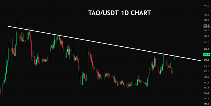 A daily candlestick chart titled "TAO/USDT 1D CHART" shows Bittensor (TAO) trading at $258.1 against a descending trendline resistance near $354.7, with price recently pushing up toward the overhead supply zone. The setup illustrates the post's question of whether TAO is preparing for a breakout pump as it tests the multi-month downtrend line.