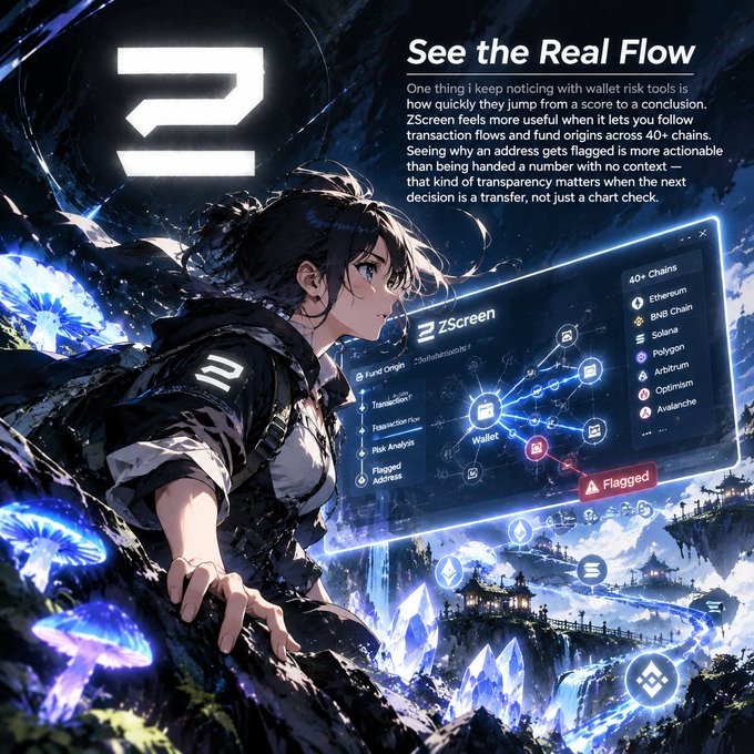 An anime-style promotional graphic for 'ZScreen' wallet risk analysis, highlighting features like fund origin tracking, transaction flow, and risk analysis across 40+ chains.