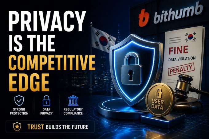 A promotional graphic for Bithumb titled 'PRIVACY IS THE COMPETITIVE EDGE' featuring a glowing blue shield, padlock, and icons for strong protection, data privacy, and regulatory compliance, alongside a 'FINE DATA VIOLATION PENALTY' document.