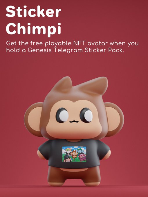A 3D-rendered cartoon chimpanzee character wearing a black t-shirt with a colorful graphic, displayed on a red background with the text 'Sticker Chimpi - Get the free playable NFT avatar when you hold a Genesis Telegram Sticker Pack.'