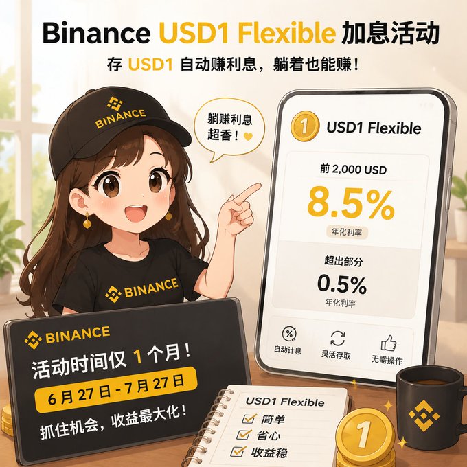 A Binance promotional graphic in Chinese advertising a 'USD1 Flexible 加息活动' (interest-boosting campaign) featuring an anime-style woman in Binance apparel, highlighting an 8.5% annualized rate for the first 2,000 USD from June 27 to July 27.