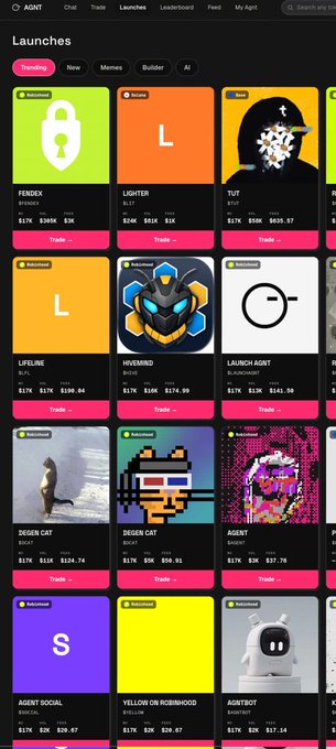 The image shows the "Launches" page on AGNT, displaying a grid of trending tokens including FERDEX ($0.36), LIGHTER ($0.84), TUT ($26.17), LIFELINE ($1.04), HIVEMIND ($2.99), LAUNCH AGNT ($2.48), DESGIN CAT ($1.22), and AGENT ($1.79), each with high percentage gains. This relates to the post about completing steps to claim an AGNT social wallet drop, highlighting the platform's launchpad where new tokens like these are featured.