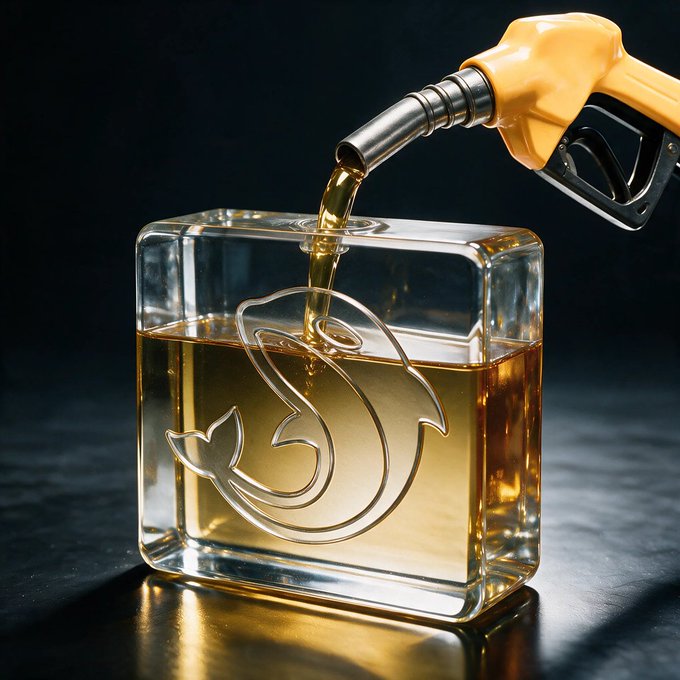 A fuel nozzle pours golden liquid into a clear glass cube featuring an embossed fish logo, set against a dark background.