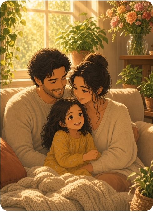 A warm, anime-style illustration of a happy family—a bearded father, a mother with her hair in a bun, and their young daughter in a yellow dress—cuddling together on a cozy couch surrounded by plants.
