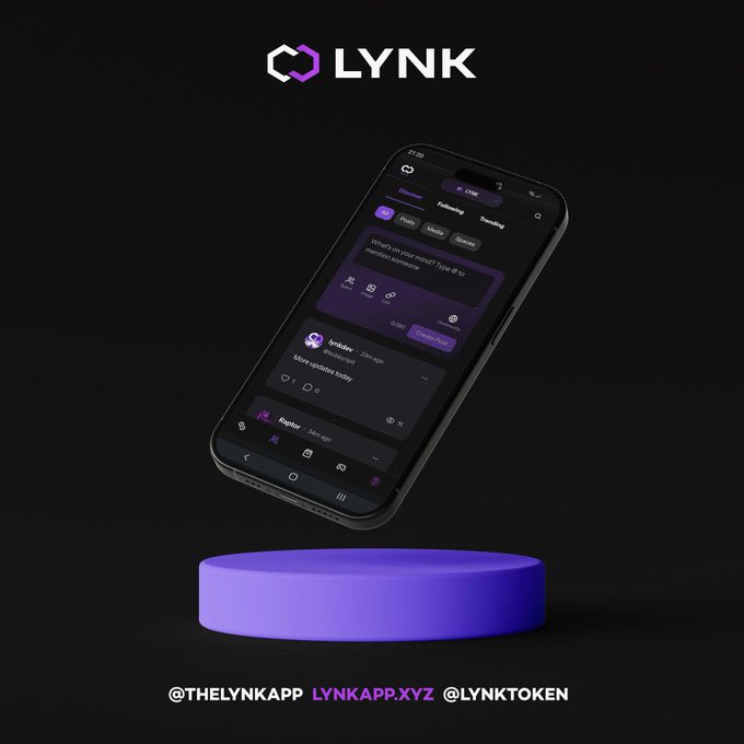 A promotional graphic for 'LYNK' app showing a smartphone displaying the app's interface hovering above a purple cylindrical pedestal, with social media handles @THELYNKAPP, lynkapp.xyz, and @LYNKTOKEN.