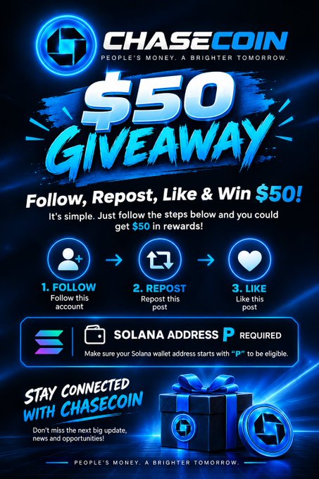 A 'CHASECOIN' promotional flyer advertising a '$50 GIVEAWAY' requiring participants to follow, repost, and like, with a Solana address required for eligibility.