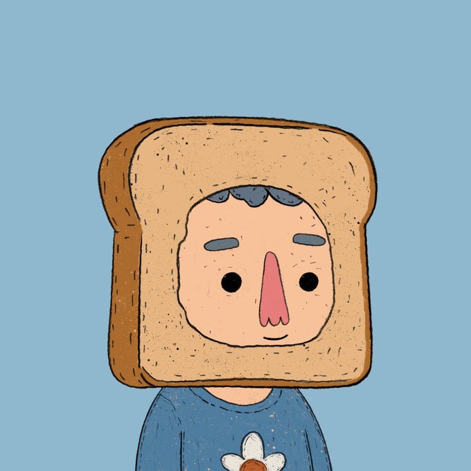 A cartoon illustration shows a whimsical character with a slice of bread framing their head like a hood, set against a light blue background. The image doesn't reference any text or ticker but likely serves as a fun mascot graphic accompanying the giveaway announcement for @UnusualNFTs.