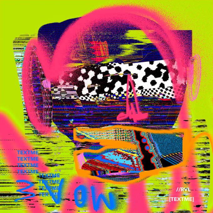 A vibrant, glitch-style digital collage with a neon green background, featuring distorted cow-print elements, the word 'wow', and repeated 'TEXTIME' text along with '//RYL' and '[TEXTIME]' labels.