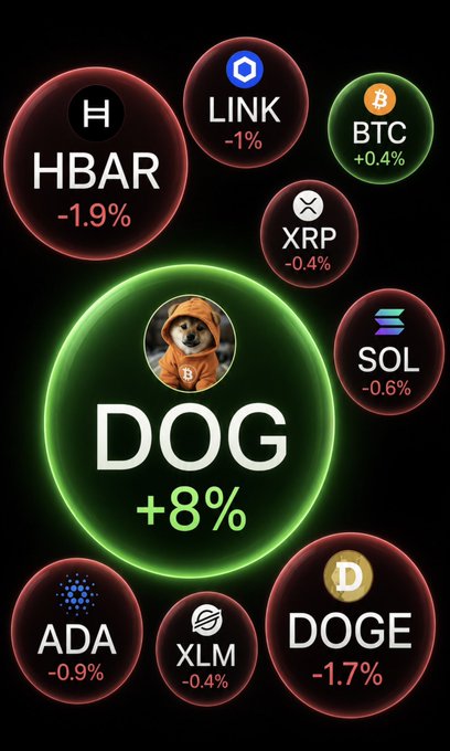 A cryptocurrency price display showing DOG up 8% in a large green bubble, surrounded by smaller bubbles indicating losses for HBAR (-1.9%), LINK (-1%), XRP (-0.4%), SOL (-0.6%), ADA (-0.9%), XLM (-0.4%), and DOGE (-1.7%), while BTC is up 0.4%.