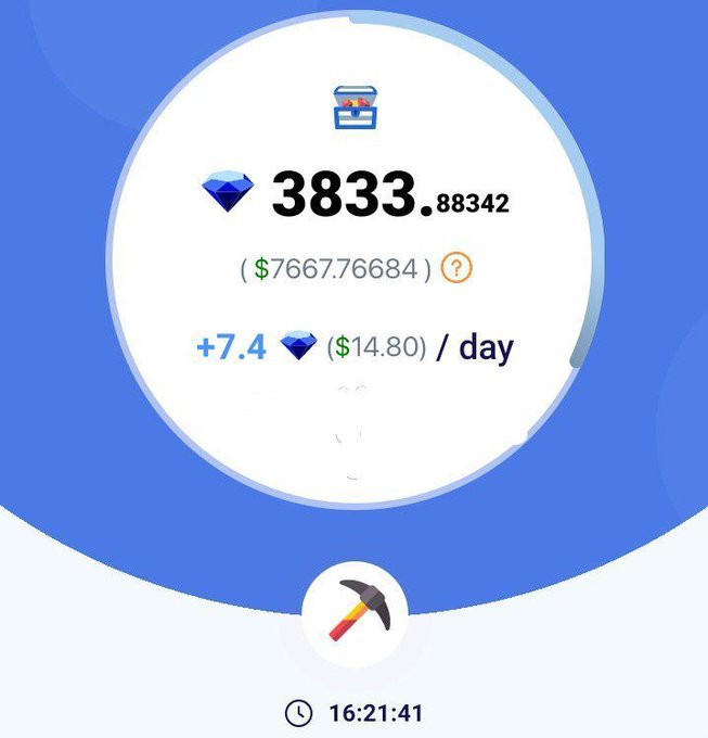 A blue and white mining app interface displays a digital wallet holding 3,833.88342 Rubi gems, valued at $7,667.76684 with a daily earnings rate of +7.4 gems ($14.80/day) at timestamp 16:21:41, with a pickaxe icon below; this supports the post's claim that users can still mine Rubi gems before the TGE, illustrating active daily accumulation and an implied per-gem value near $2.