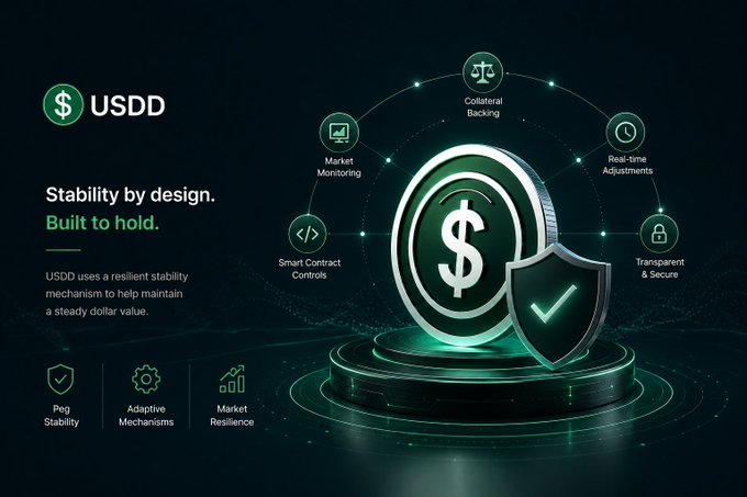 A promotional graphic for USDD stablecoin features a dollar-sign coin with a shield, alongside features like "Collateral Backing," "Market Monitoring," "Smart Contract Controls," "Real-time Adjustments," "Transparent & Secure," "Peg Stability," "Adaptive Mechanisms," and "Market Resilience," under the tagline "Stability by design. Built to hold."