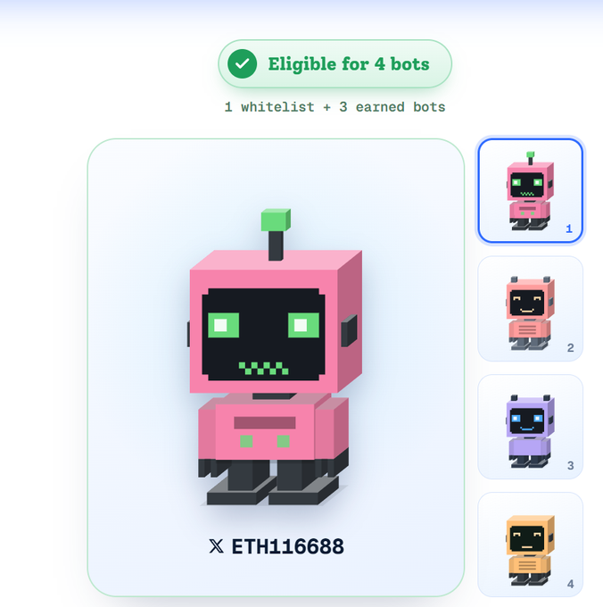 A digital interface showing eligibility for 4 pixel-art robot bots, with a pink robot highlighted and labeled 'ETH116688'.