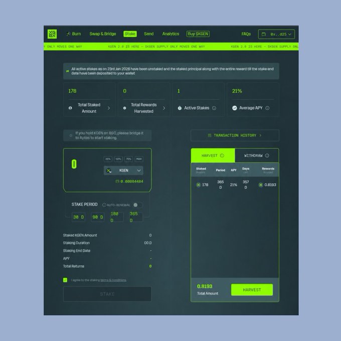 A cryptocurrency staking interface for 'KDGEN' showing a total staked amount of 178, an average APY of 21%, and a transaction history with 0.8193 rewards.