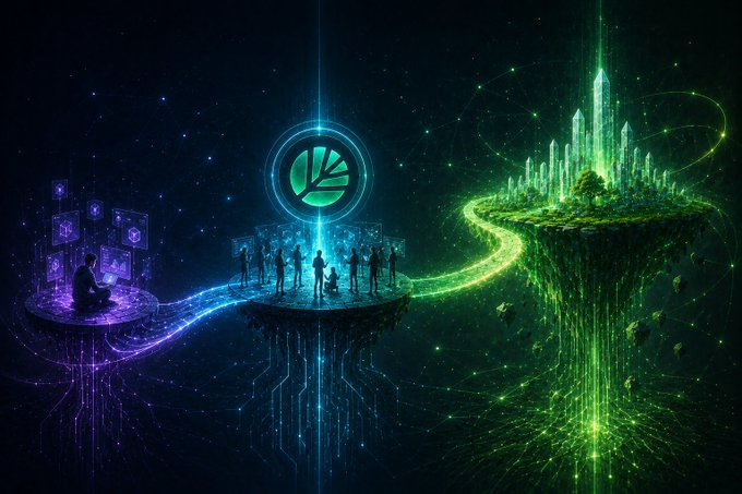 A digital art piece depicting three floating platforms connected by energy beams: a purple blockchain hub on the left, a teal platform with a logo and silhouetted figures in the center, and a green futuristic city on the right.