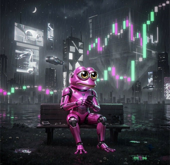 A pink robotic frog character sits on a bench in a rainy cyberpunk city, looking at a phone, with a green candlestick stock chart displayed on a large screen behind it.