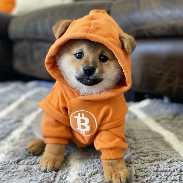 A Shiba Inu puppy wearing an orange Bitcoin-logo hoodie sits on a textured rug indoors.