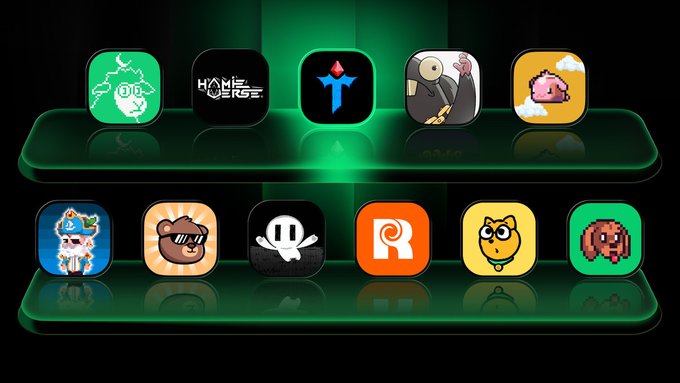 A display of twelve app icons arranged on two shelves with green lighting, featuring various cartoon designs including a devil character highlighted with a green glow.