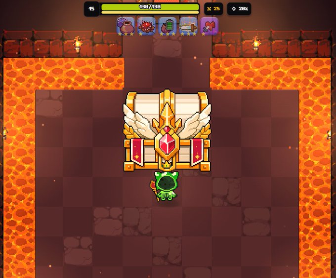 A screenshot from a top-down pixel art video game showing a green character standing in front of an ornate treasure chest on a checkered floor surrounded by lava.