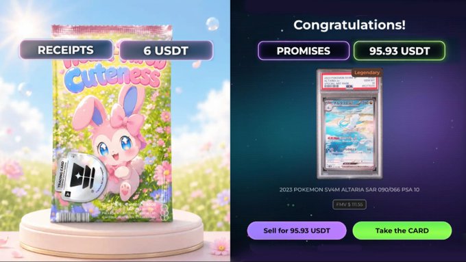 Two digital card collection screens are displayed side-by-side: the left shows a 'Cuteness' bunny card earning '6 USDT' under 'RECEIPTS', while the right celebrates receiving a '2023 POKEMON SV4M ALTARIA SAR 090/066 PSA 10' Legendary card worth '95.93 USDT' under 'PROMISES', with buttons to 'Sell for 95.93 USDT' or 'Take the CARD'.