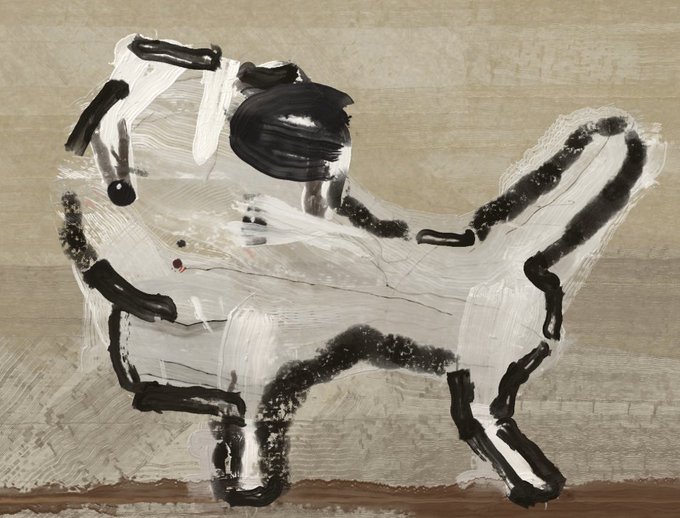 Abstract painting featuring gestural brushstrokes in black and white paint depicting an animal-like figure with a large black shape resembling a hat on its head, painted on a beige textured background.