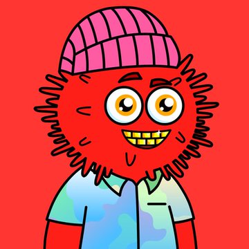 A cartoon illustration of a red-haired character wearing a pink beanie and a teal shirt with gold teeth on a red background.