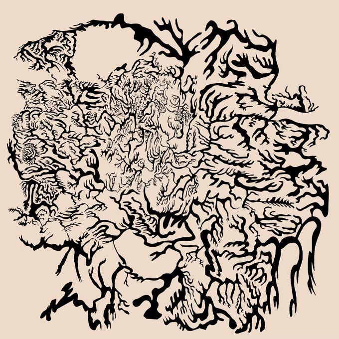 A black and beige abstract ink illustration featuring organic, textured shapes resembling a dense forest or coral-like formation.