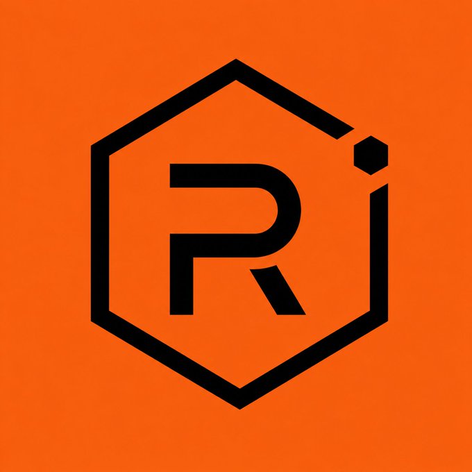 A bright orange background featuring a black hexagonal logo containing the letter "R" and a small dot on the right edge.