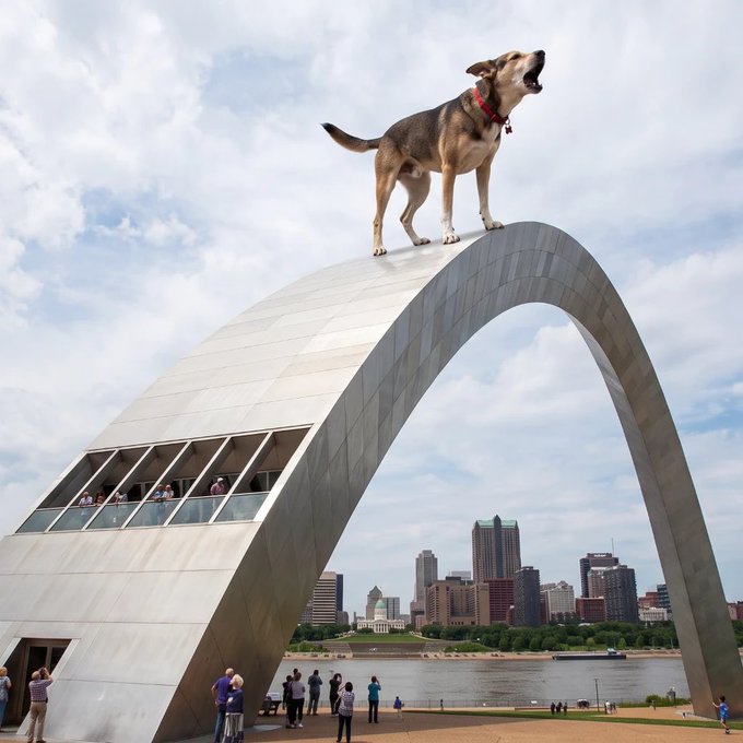 A dog stands proudly atop the iconic Gateway Arch in St. Louis, dwarfing the people below.

The towering, observant dog perched high above the city symbolizes vigilance—much like how the post's author is standing watch against the FUD-spreaders, who are dismissed as small and insignificant compared to the watchful "ARC team" looming over the situation.