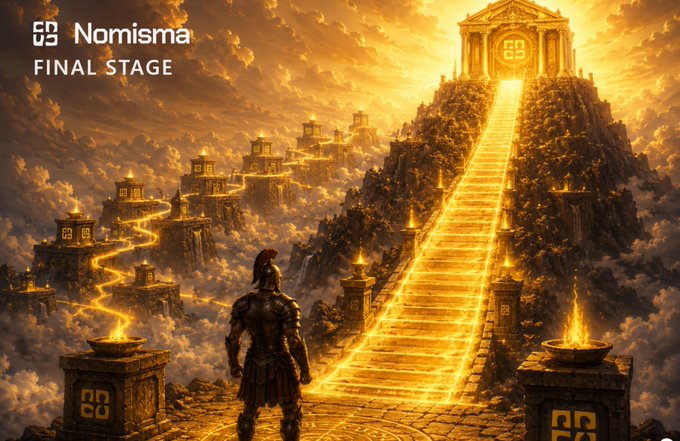 The image shows a dramatic fantasy scene with a warrior in armor gazing up at a glowing golden staircase leading to a majestic temple atop a mountain, with "Nomisma FINAL STAGE" text in the upper left—perfectly illustrating the post's announcement of Stage 13 as the final, most rewarding chapter of Season 3, holding 12.5% of the season's Diamonds.