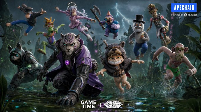 Promotional artwork for 'APEChain' powered by ApeCoin, depicting various cartoonish NFT characters including a tiger, bear, and others in a dark jungle setting, with 'GAME TIME' branding.