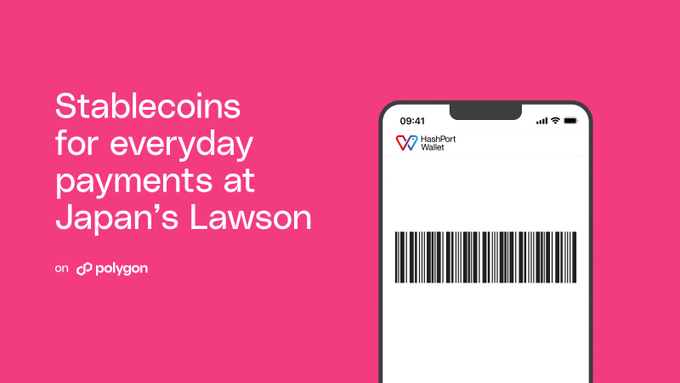 A pink promotional graphic features a smartphone displaying the HashPort Wallet app with a barcode scanner, alongside white text reading "Stablecoins for everyday payments at Japan's Lawson on polygon," highlighting the milestone of Japan's first stablecoin payment at a Lawson convenience store through the HashPort Wallet App.