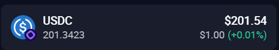 A cryptocurrency price display showing USDC token information with a value of $201.54 and 201.3423 USDC, indicating $1.00 (+0.01%) change.